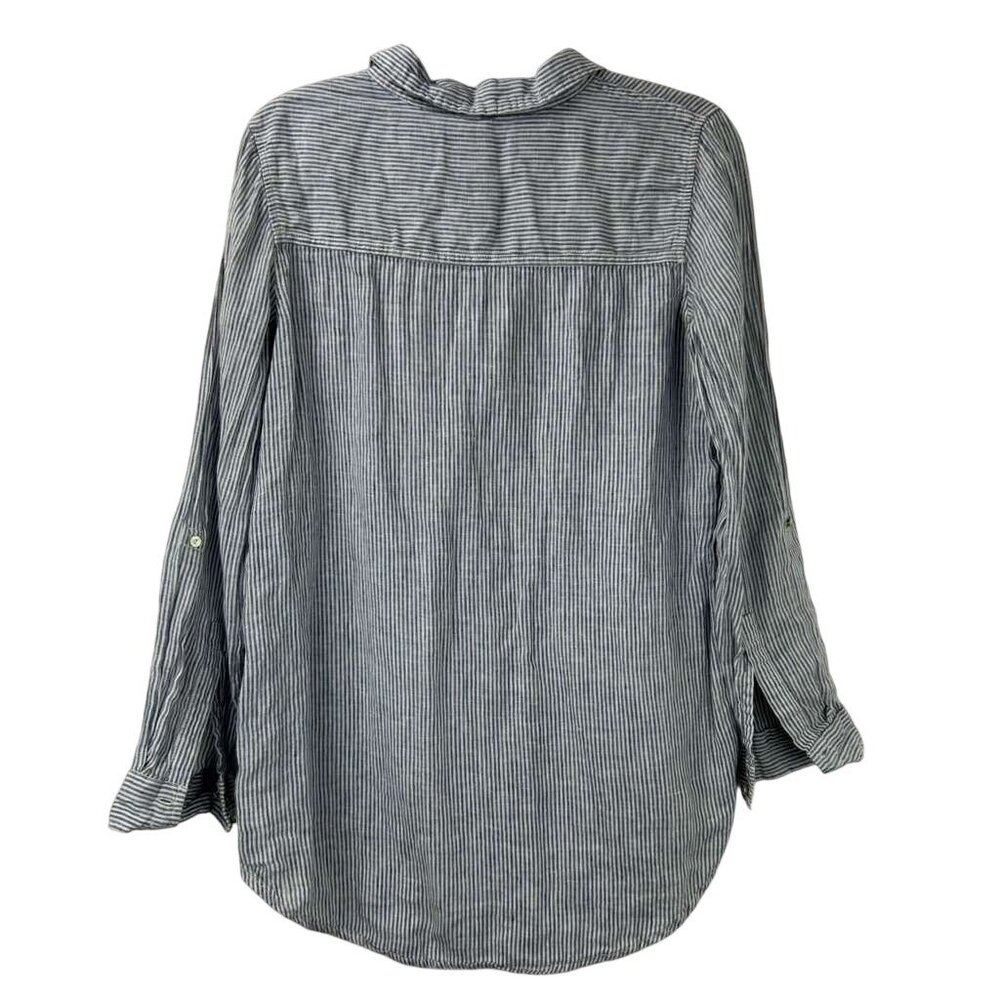 Tahari Women's Medium 100% Linen Button Long Sleeve Tunic Shirt Striped - Picture 2 of 14